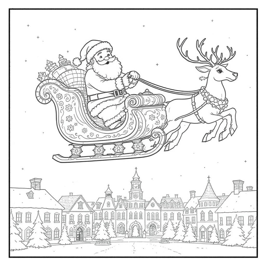 Santa Claus guiding his reindeer sleigh above a snow-covered town square with twinkling lights