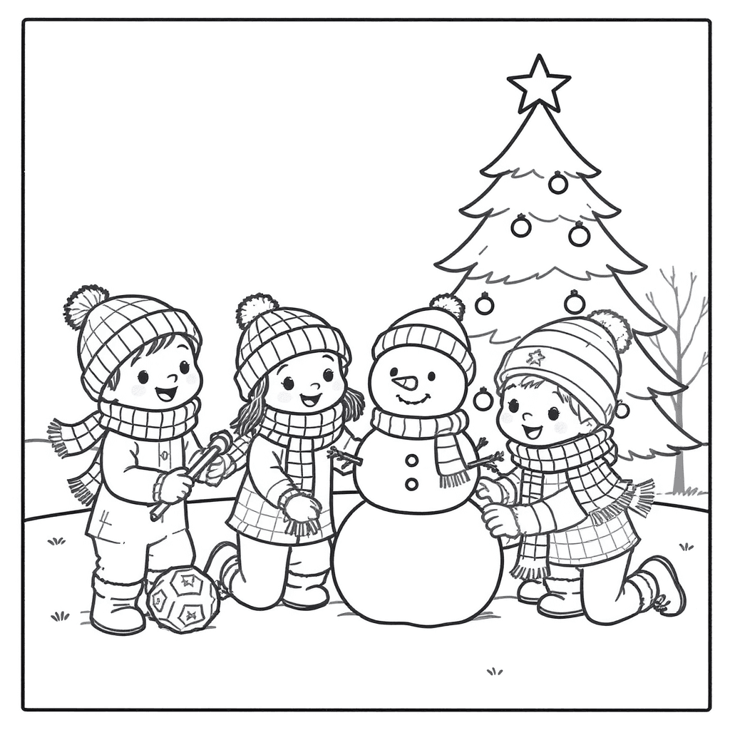 Children wearing cozy scarves building a snowman beside a decorated Christmas tree in a park