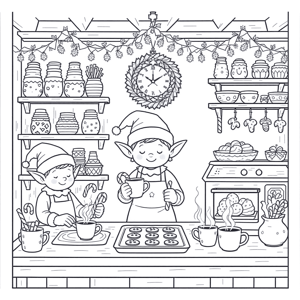 Gingerbread bakery interior with elves icing cookies, candy canes, and steaming cocoa mugs
