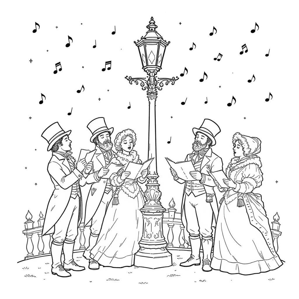 Victorian Christmas carolers singing at a lamppost while snow falls, lantern glow and musical notes