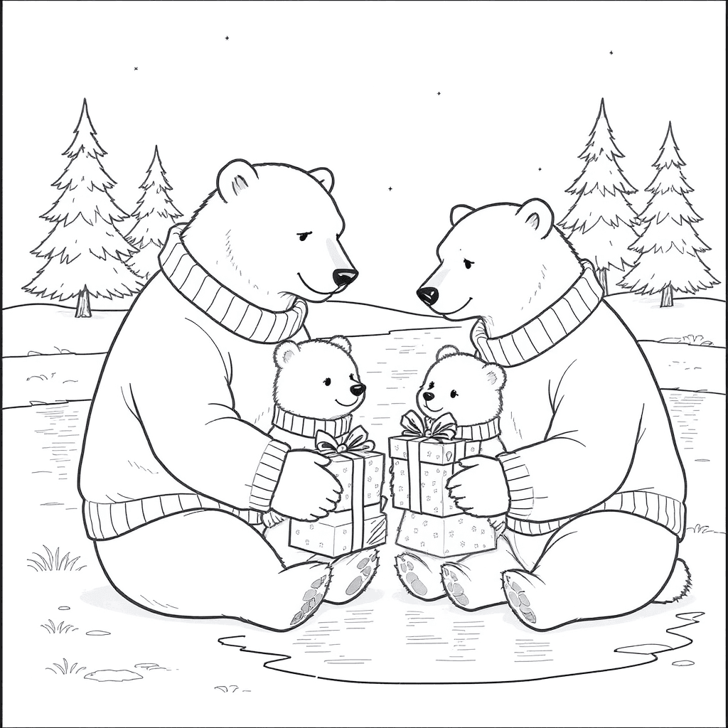 Polar bear family in winter sweaters exchanging gifts beside a frozen pond with evergreen trees