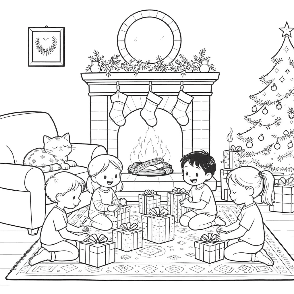 Cozy living room with fireplace, stockings, and a cat curled on a rug as kids unwrap presents