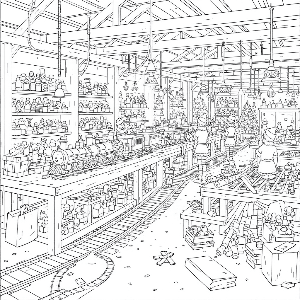 Santa's workshop assembly line with toy trains, dolls, and elves checking lists with clipboards