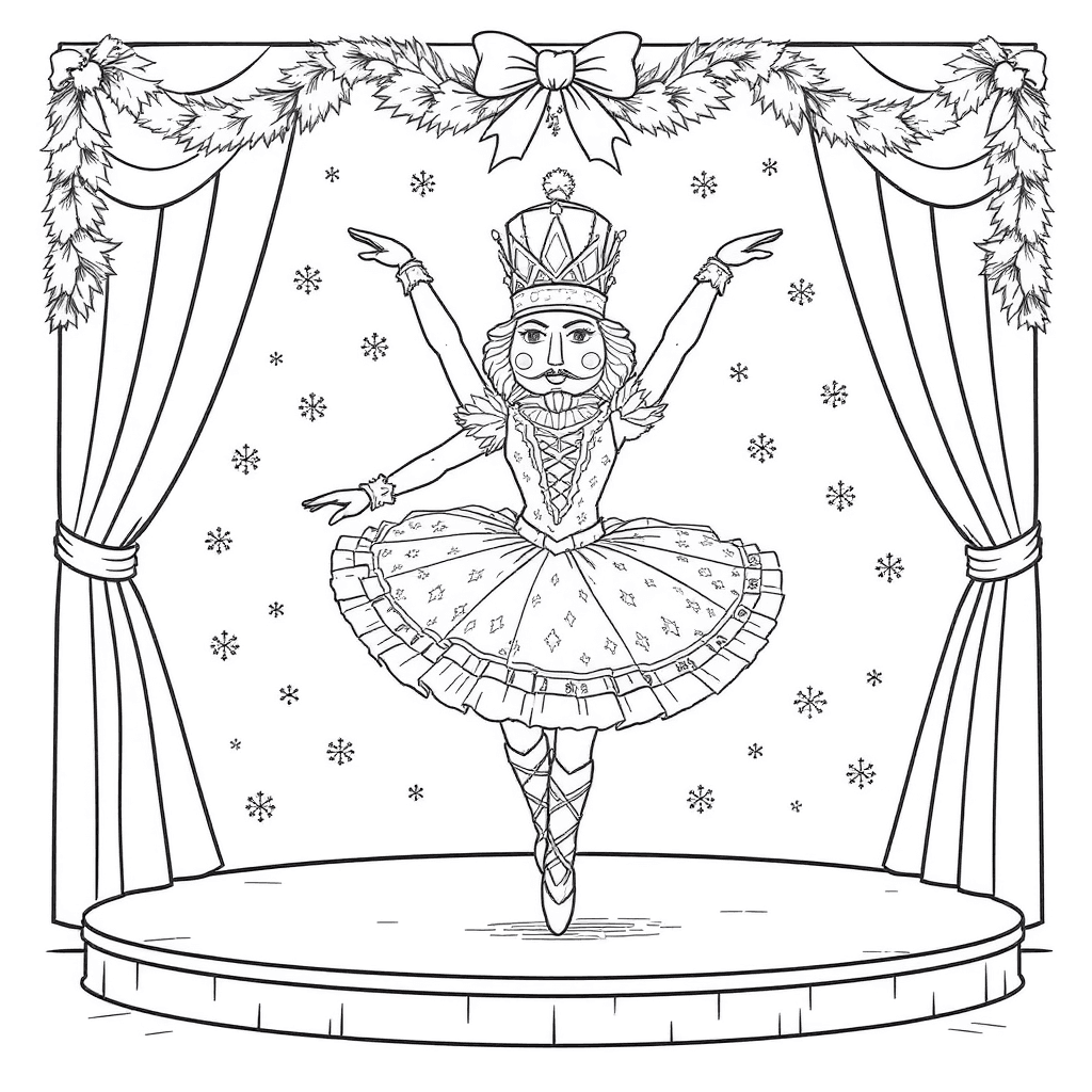 Nutcracker ballerina dancing on a stage framed by garlands, snowflake patterns swirling around
