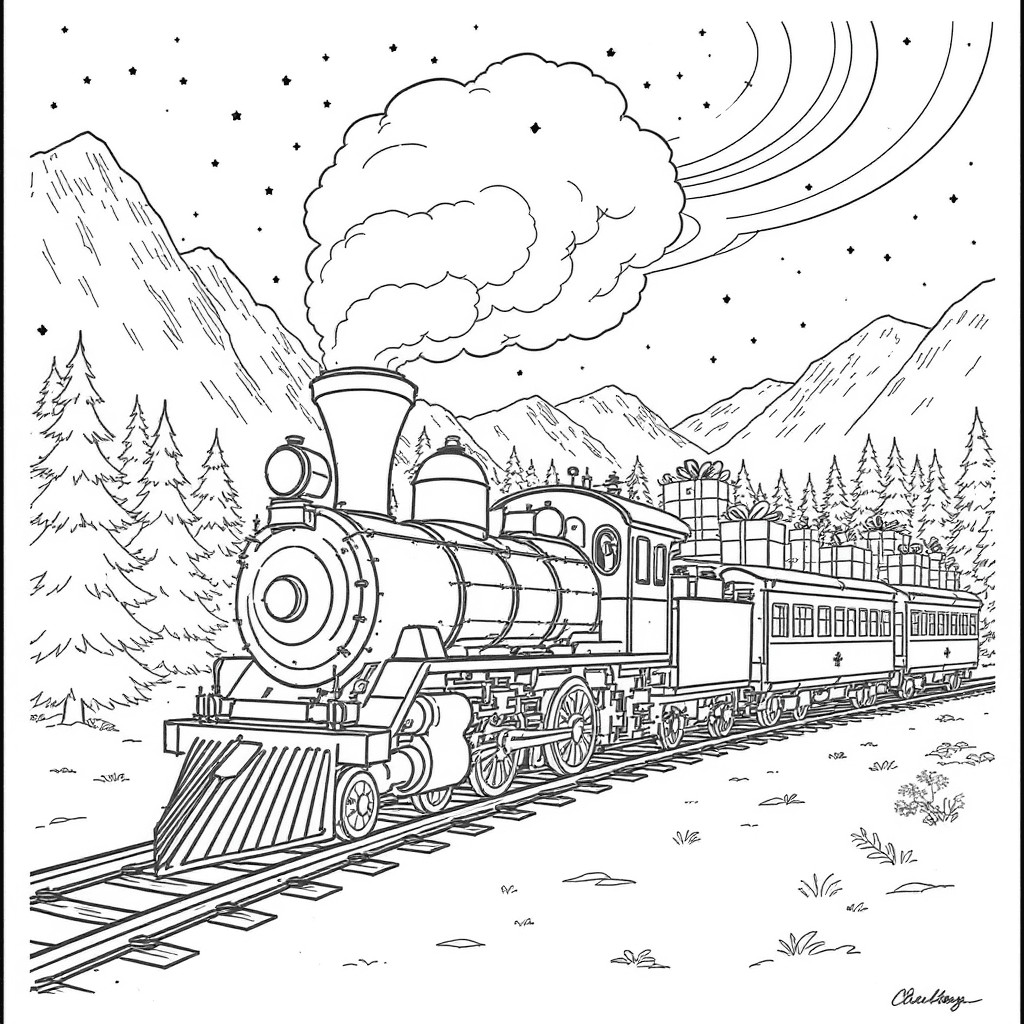 Steam train hauling Christmas gifts through a snowy mountain pass beneath a shimmering aurora