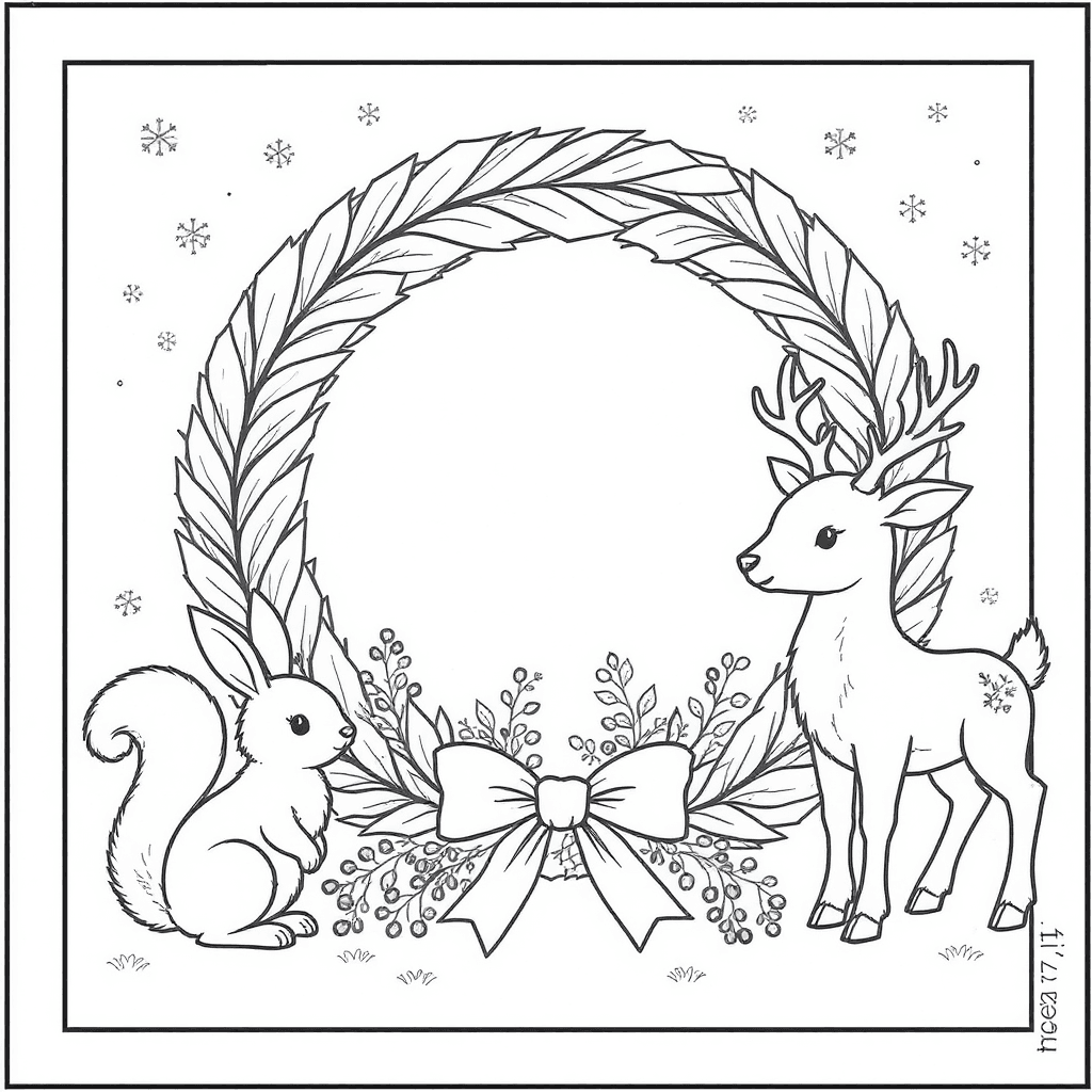 Woodland animals decorating a wreath with berries and ribbons while gentle snow falls in the forest