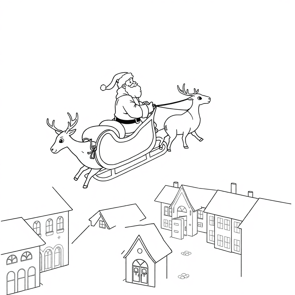 Santa and his reindeer gliding past festive rooftops over a glowing winter village square