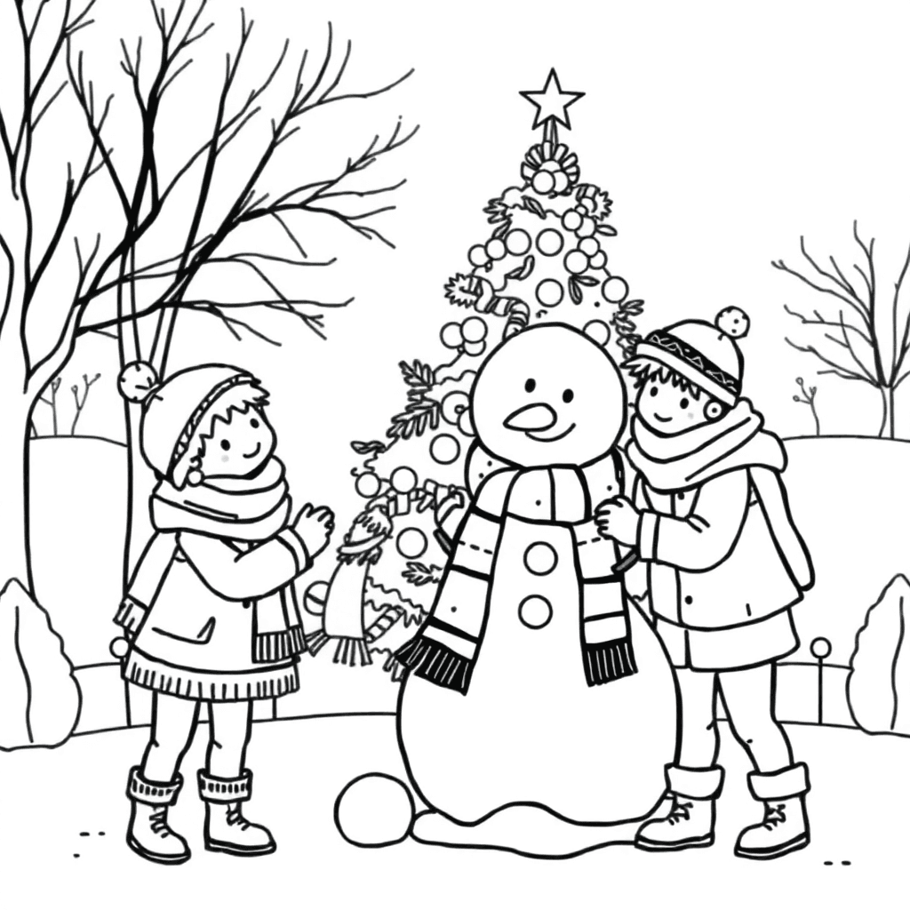 Bundle-wrapped kids laughing as they roll a snowman beside a sparkling Christmas tree in the park