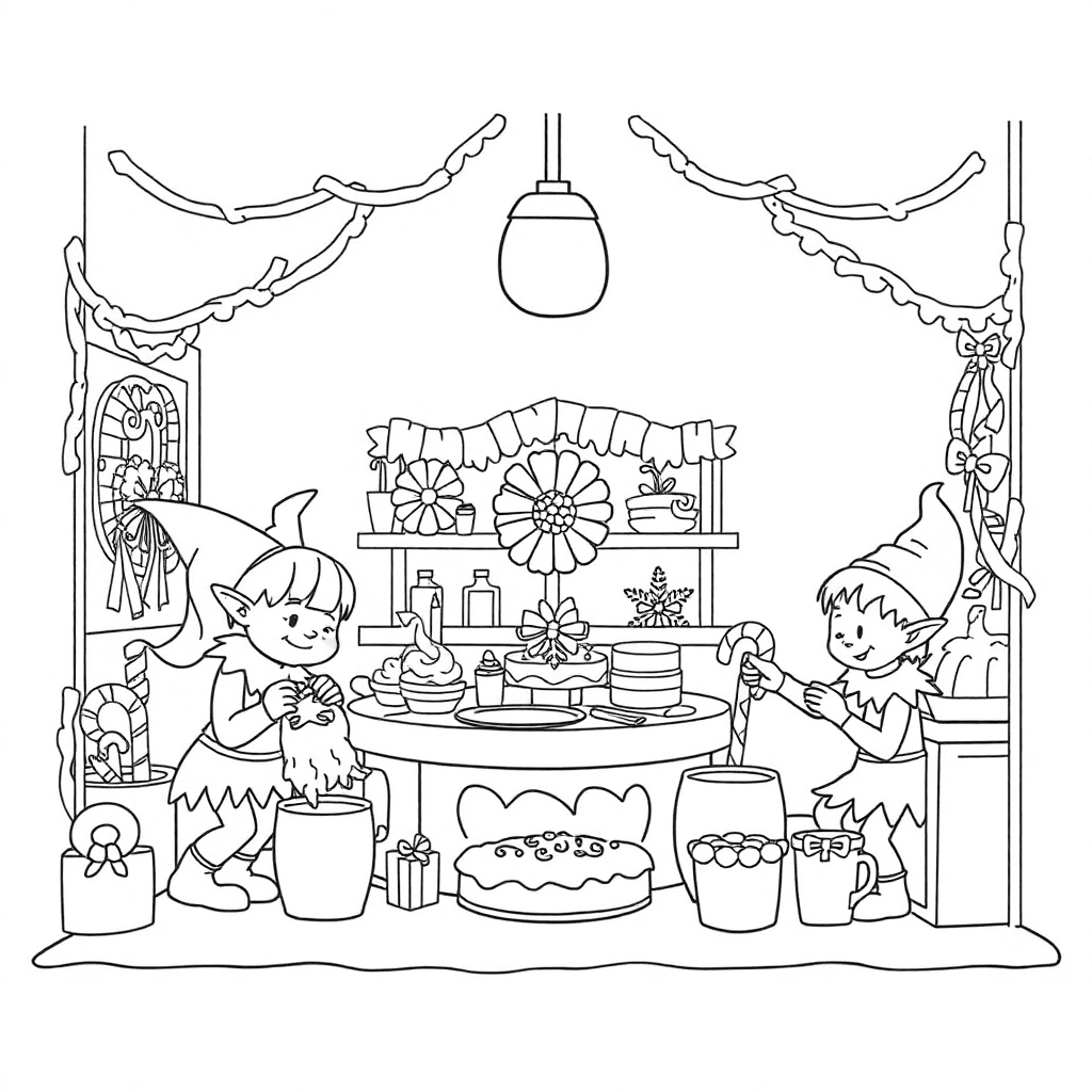 Elves frosting gingerbread and candy canes inside a bustling Christmas bakery with cocoa on the counter