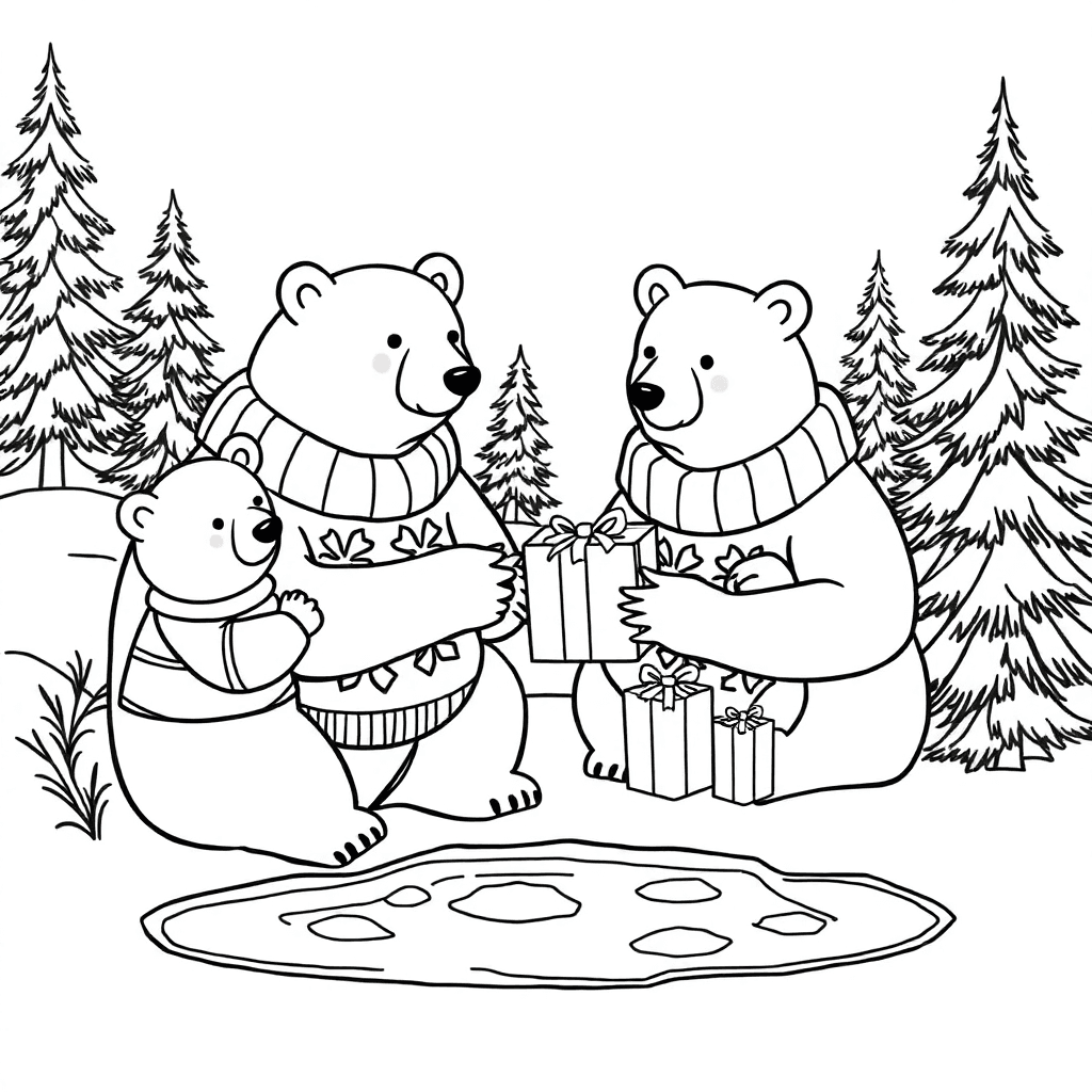 Polar bear parents and cubs trading gifts near an icy pond with tall evergreen trees in the background