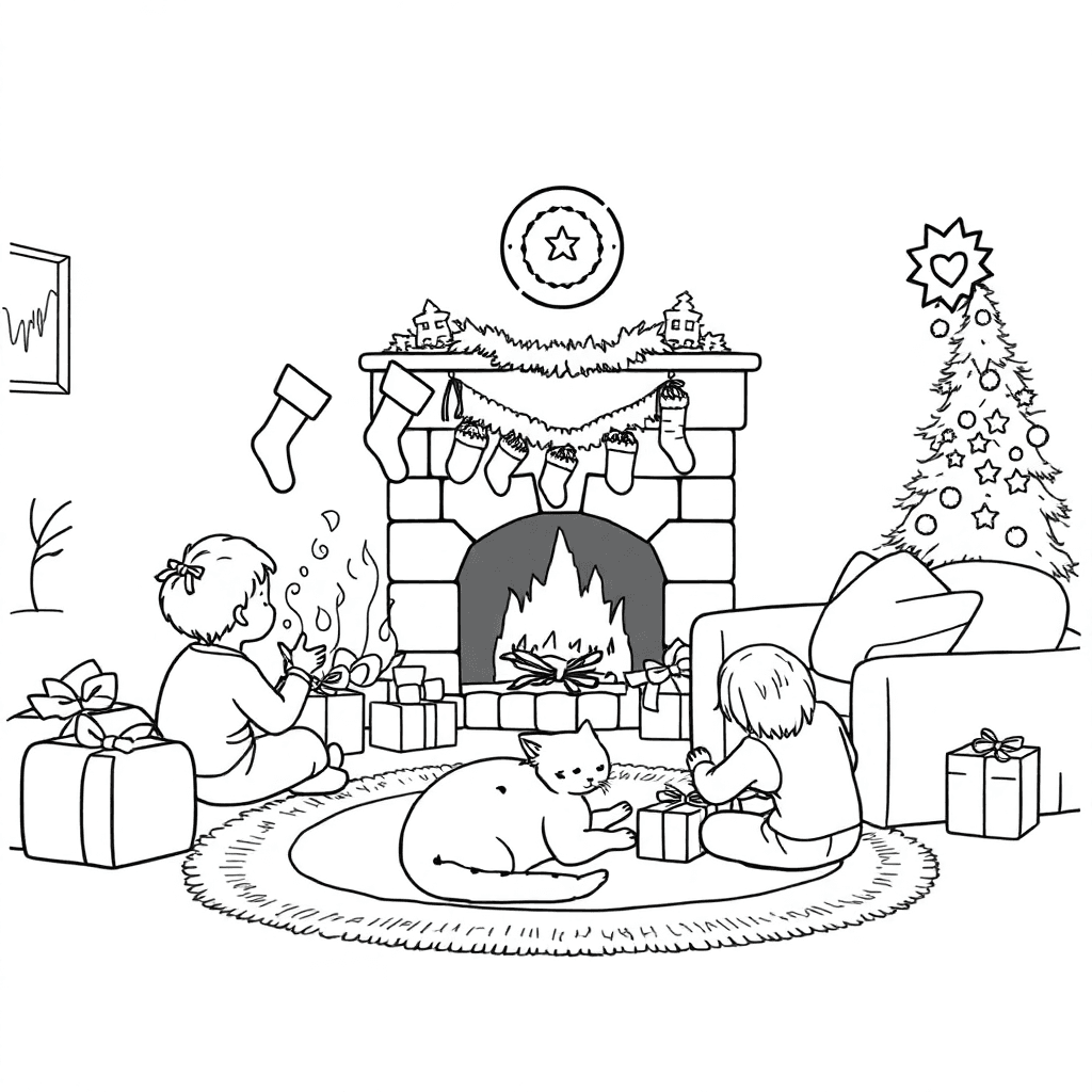 Family lounge with roaring fireplace, stockings, presents, and a sleepy cat curled on the rug