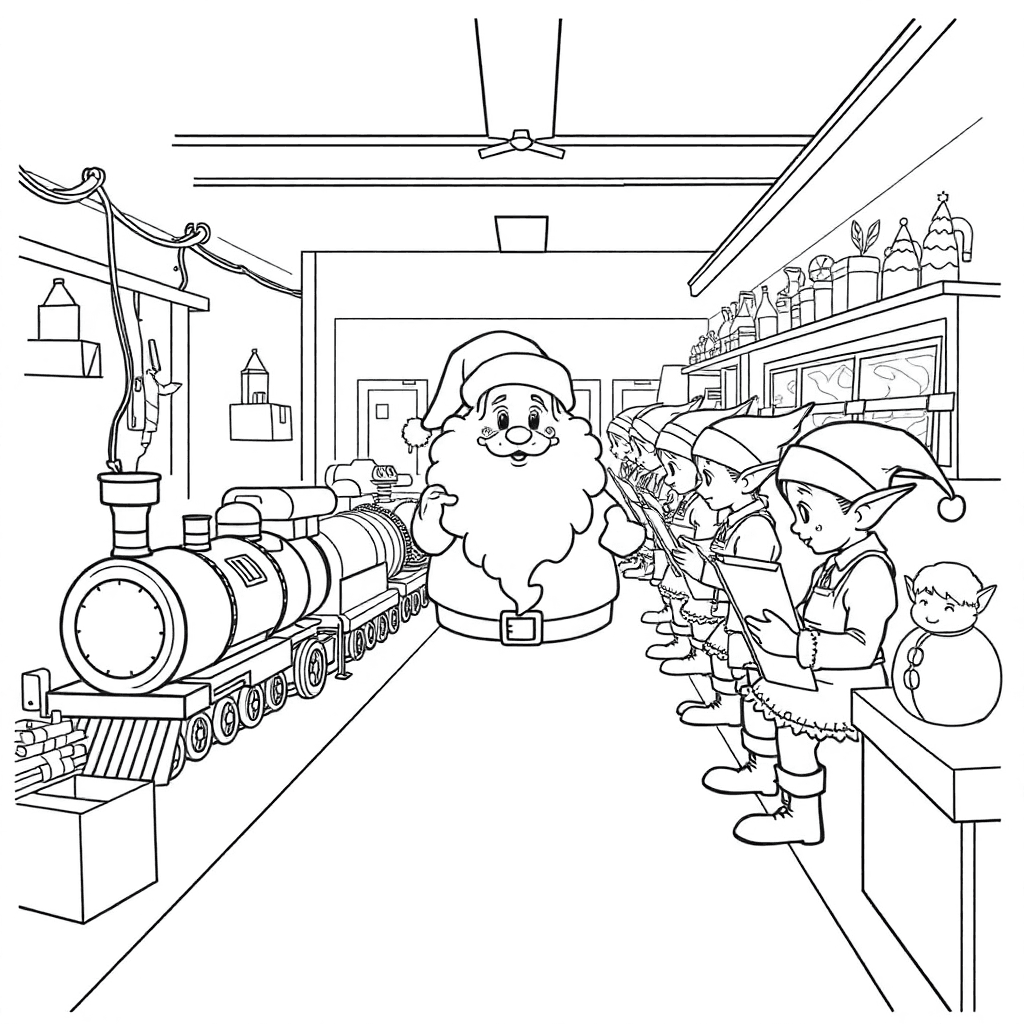Busy Santa workshop conveyor full of toys while helpful elves check clipboards and wrap gifts
