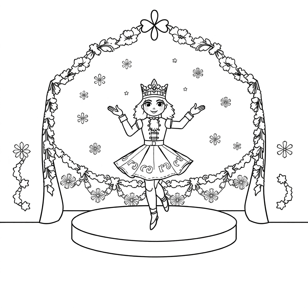 Graceful nutcracker ballerina spinning on stage framed by garlands with swirling snowflake patterns