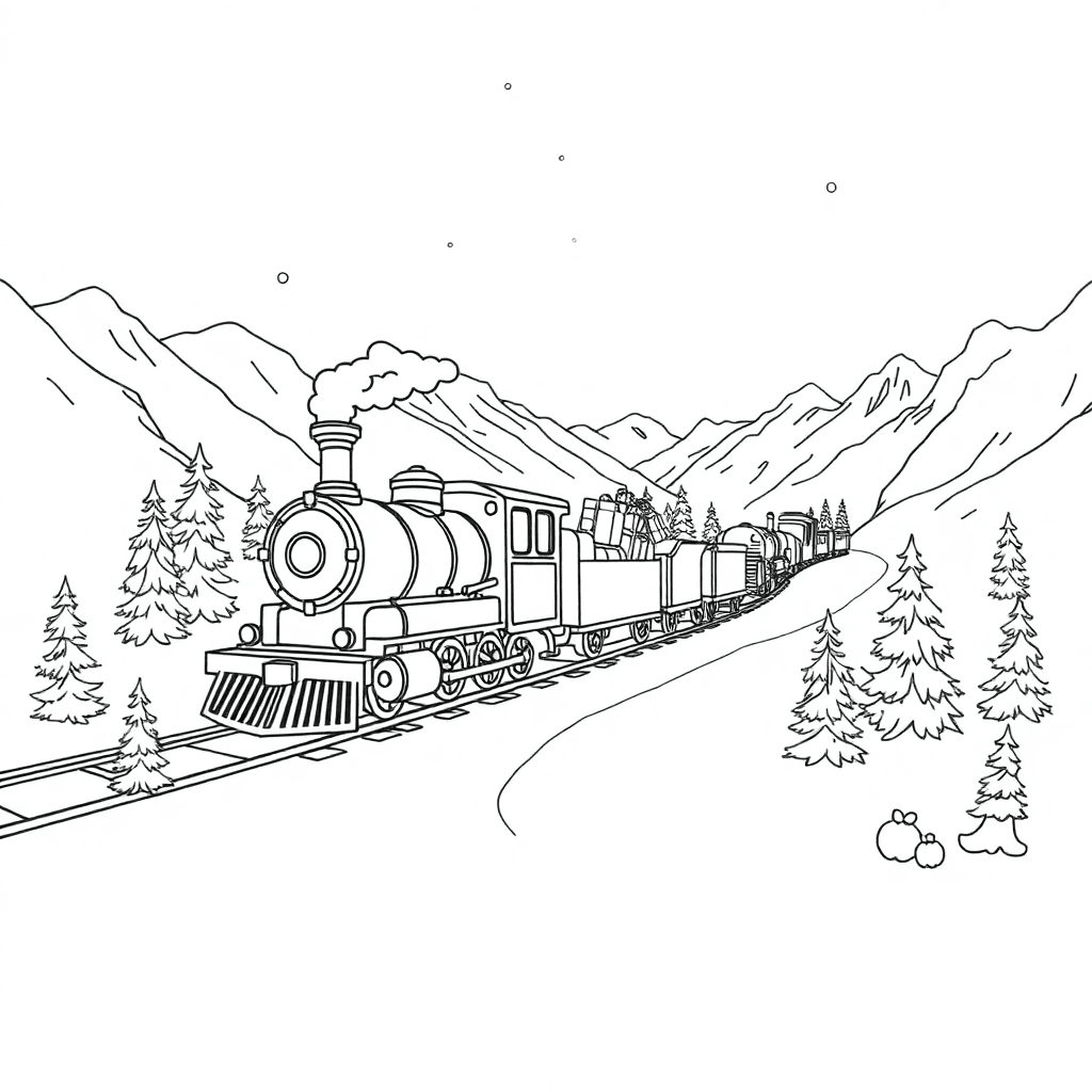 Holiday steam locomotive delivering presents through snowy mountains as the sky glows with aurora light