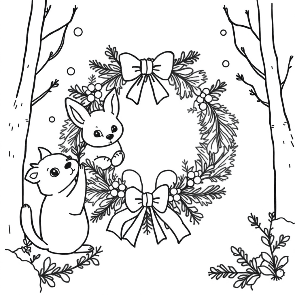 Forest critters hanging ribbons and berries on a wreath as soft snow falls around the pines