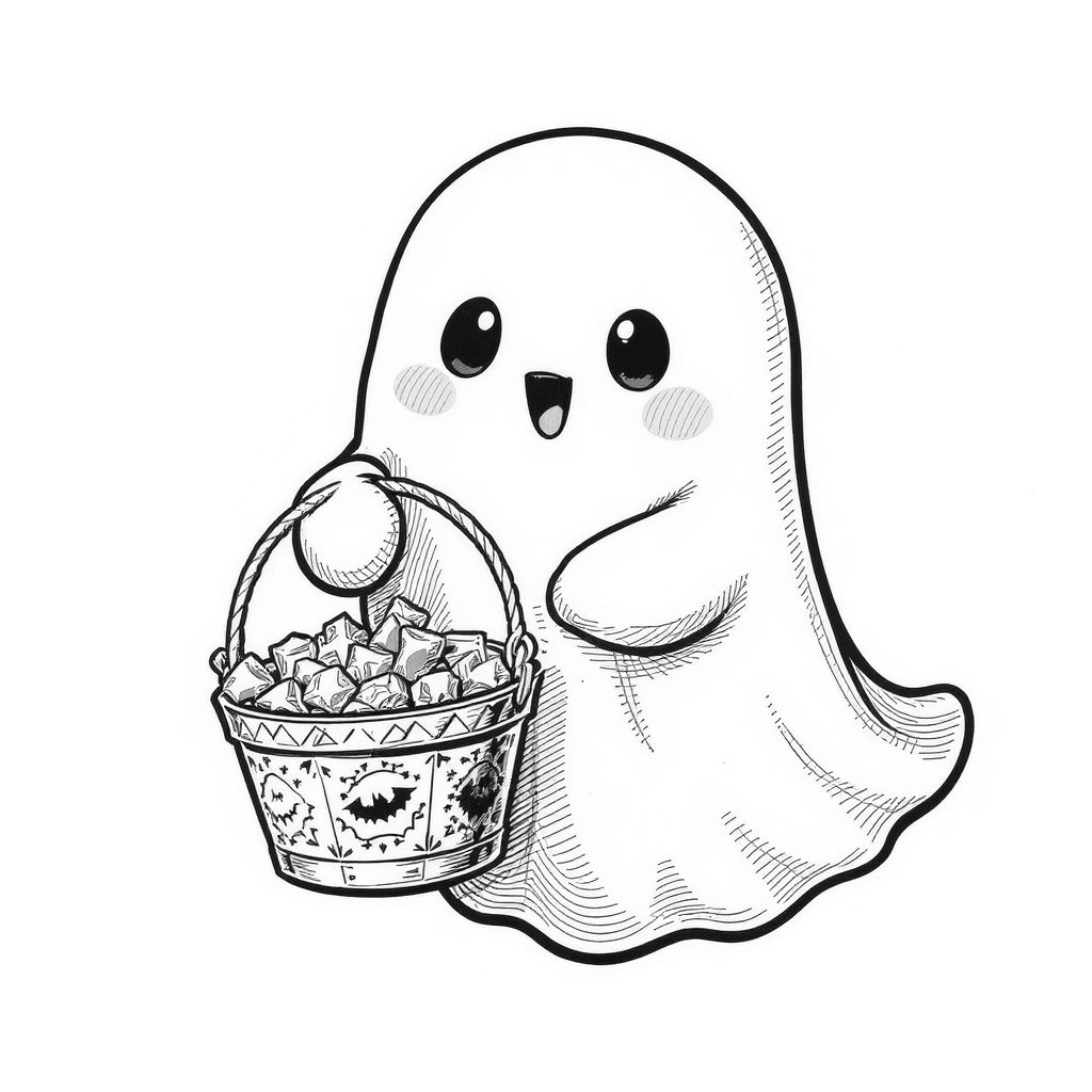 cute ghost holding a candy bucket