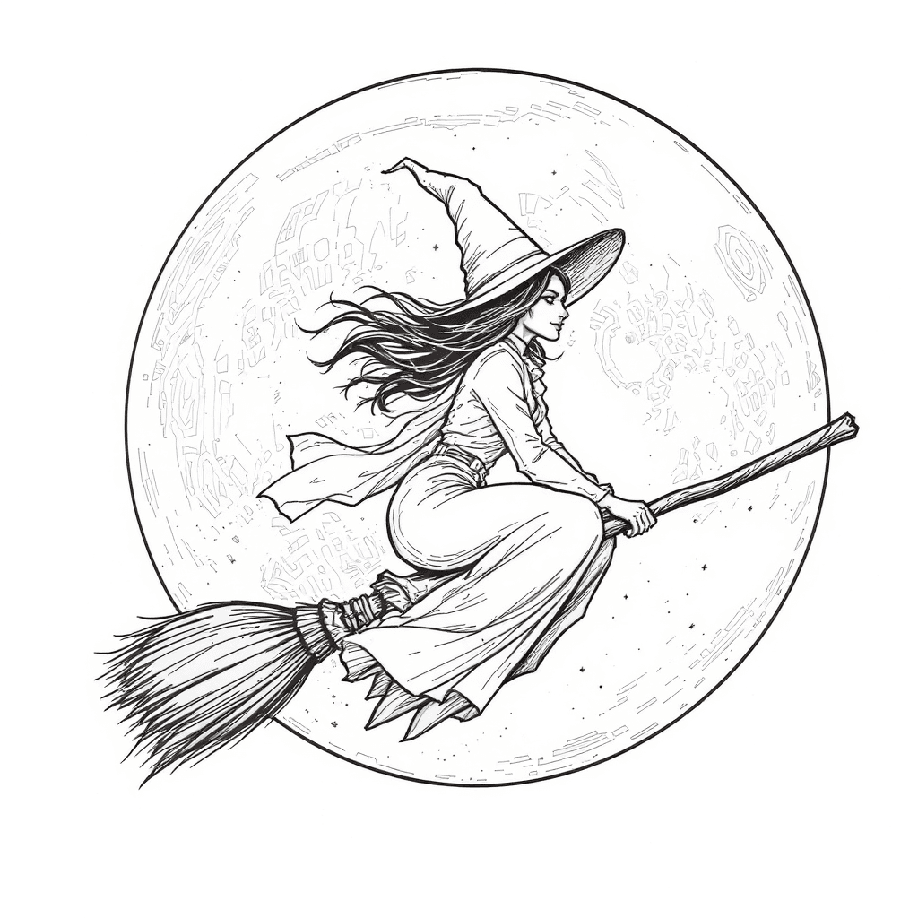 witch flying on a broom across a full moon