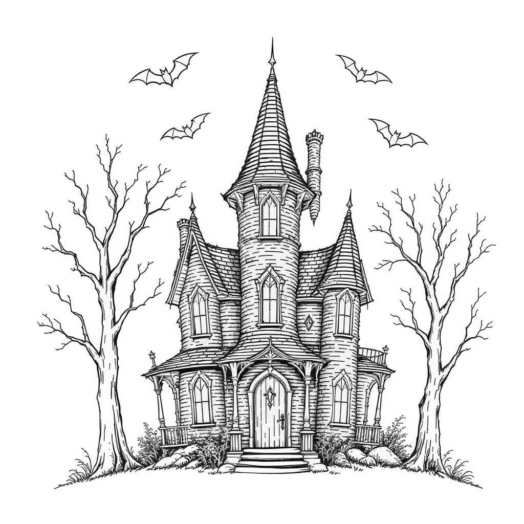 haunted house with bats and bare trees