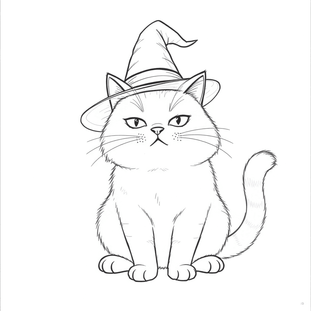 black cat wearing a witch hat, arched back