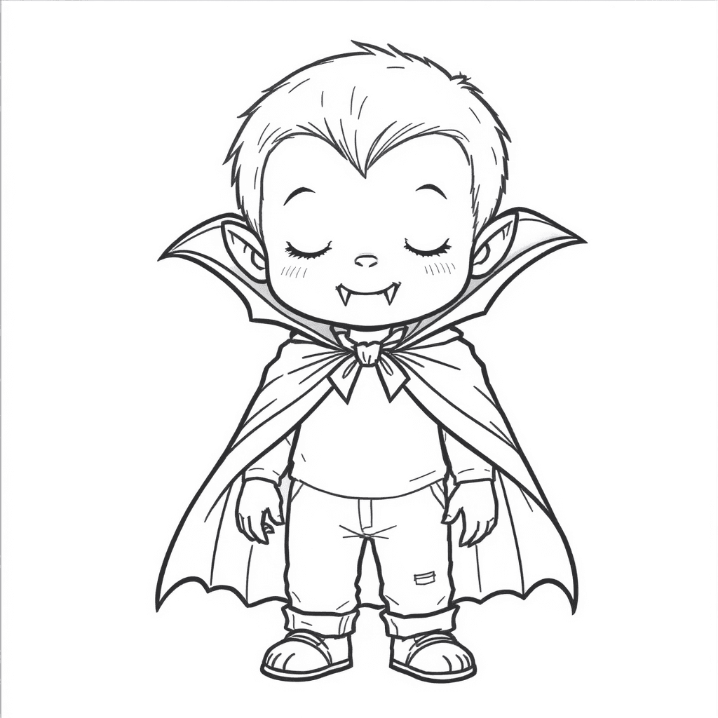 little vampire kid with cape and fangs