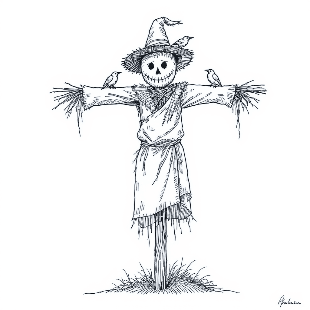 scarecrow with straw hat and perched crows